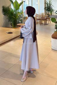 Stone Crew Neck Long Arm Buttoned Polyester Flared Skirt Suit