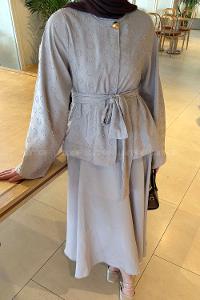 Stone Crew Neck Long Arm Buttoned Polyester Flared Skirt Suit