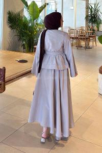 Stone Crew Neck Long Arm Buttoned Polyester Flared Skirt Suit