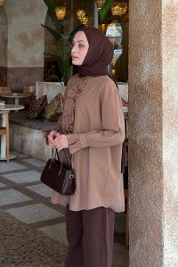 Lamelif Flores Fırfırlı Tunik Soft Kahve