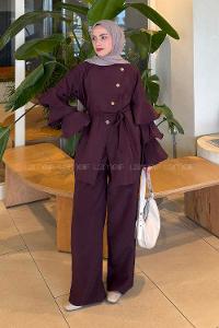 Lamelif Kol Fırfır Detaylı Gold Düğmeli Pantolonlu Takım Mürdüm