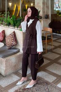 Lamelif Kruvaze Düğme Detaylı Yelek-Pantolon Takım Acı Kahve