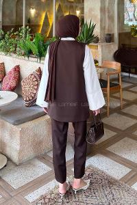 Lamelif Kruvaze Düğme Detaylı Yelek-Pantolon Takım Acı Kahve