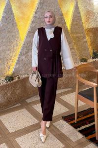 Lamelif Kruvaze Düğme Detaylı Yelek-Pantolon Takım Mürdüm