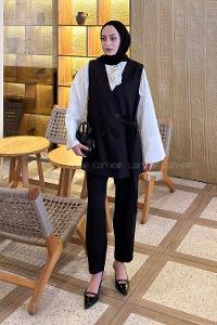 Lamelif Kruvaze Düğme Detaylı Yelek-Pantolon Takım Siyah