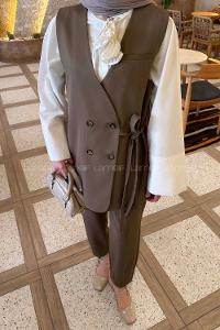 Lamelif Kruvaze Düğme Detaylı Yelek-Pantolon Takım Soft Kahve