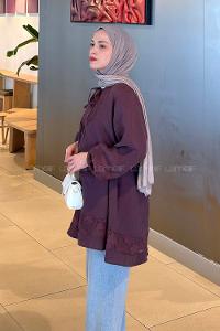 Lamelif Nakış İşlemeli Bağcıklı Tunik Mürdüm