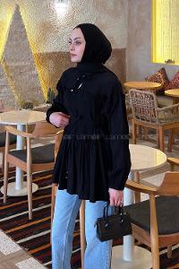Lamelif Yaka ve Bel Bağlama Detaylı Tunik Siyah