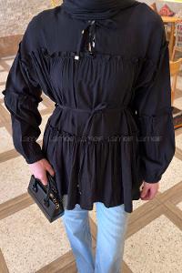Lamelif Yaka ve Bel Bağlama Detaylı Tunik Siyah