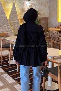 Lamelif Yaka ve Bel Bağlama Detaylı Tunik Siyah