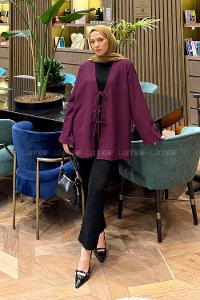 Lamelif Bağlama Detaylı Kimono Tunik Mürdüm