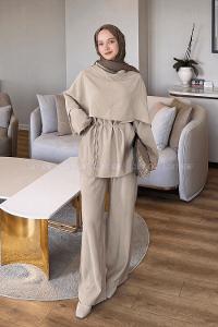 Lamelif Şallı Pantolon Takım Bej