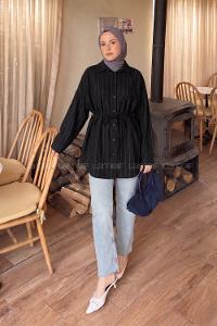 Lamelif Sırt Robalı Çizgi Detaylı Tunik Siyah