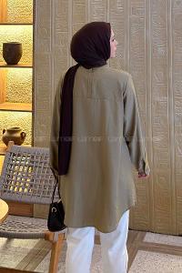 Lamelif Çizgi Geçişli Gömlek Yağ Yeşili