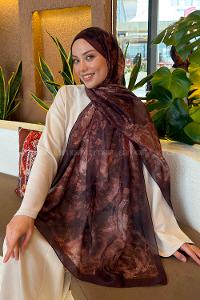 Lamelif Gül Çiçek Desen Ferah Şal Açı Kahve