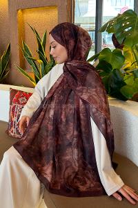 Lamelif Gül Çiçek Desen Ferah Şal Açı Kahve