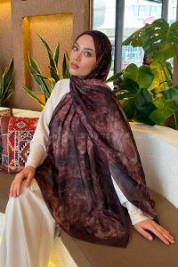 Lamelif Gül Çiçek Desen Ferah Şal Çikolata Kahve