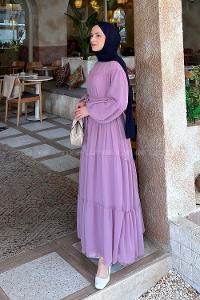 Lamelif Kat Kat Detaylı Tesettür Elbise Lila