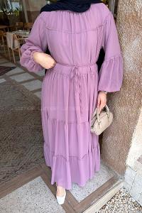 Lamelif Kat Kat Detaylı Tesettür Elbise Lila