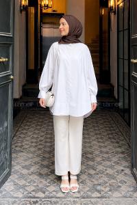 Lamelif Manşeti Biyeli Tunik Beyaz