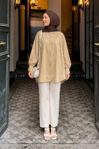 Lamelif Manşeti Biyeli Tunik Krem