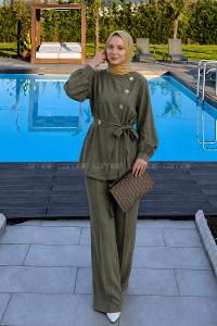 Lamelif Metal Düğme Detaylı İkili Takım Haki