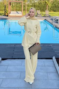 Lamelif Ön Kapama Detaylı Pantolonlu Takım Siyah Mint Yeşili