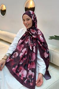 Lamelif Batik Çiçek Desen Bambu Şal Bordo