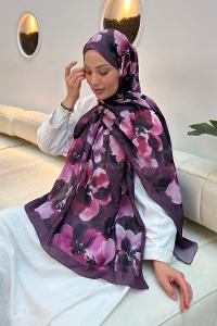 Lamelif Batik Çiçek Desen Bambu Şal Mürdüm