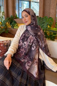 Lamelif Çiçek Desen Bambu Şal Eflatun