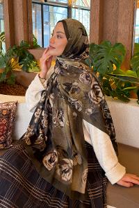 Lamelif Çiçek Desen Bambu Şal Haki