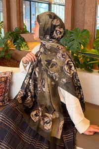 Lamelif Çiçek Desen Bambu Şal Haki