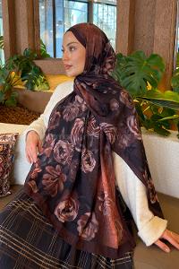 Lamelif Çiçek Desen Bambu Şal Kahverengi