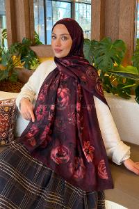 Lamelif Çiçek Desen Bambu Şal Koyu Bordo