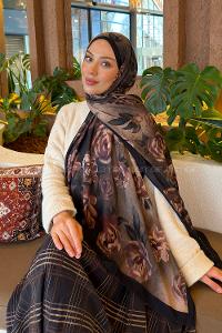 Lamelif Çiçek Desen Bambu Şal Koyu Yeşil