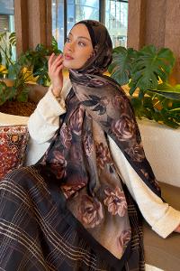 Lamelif Çiçek Desen Bambu Şal Koyu Yeşil