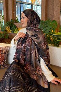 Lamelif Çiçek Desen Bambu Şal Koyu Yeşil