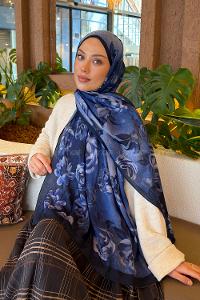 Lamelif Çiçek Desen Bambu Şal Lacivert