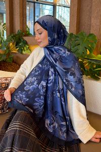 Lamelif Çiçek Desen Bambu Şal Lacivert