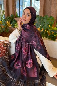 Lamelif Çiçek Desen Bambu Şal Mürdüm
