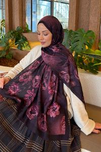 Lamelif Çiçek Desen Bambu Şal Mürdüm