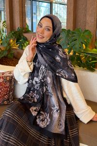 Lamelif Çiçek Desen Bambu Şal Siyah
