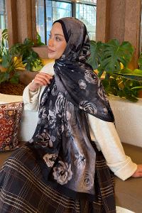 Lamelif Çiçek Desen Bambu Şal Siyah