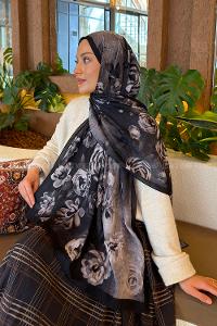 Lamelif Çiçek Desen Bambu Şal Siyah