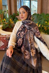 Lamelif Çiçek Desen Bambu Şal Soft Kahve