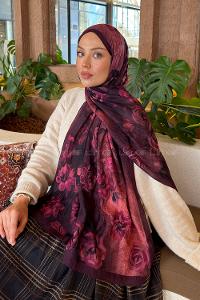 Lamelif Çiçek Desen Bambu Şal Vişne