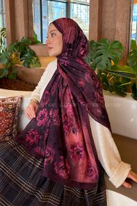 Lamelif Çiçek Desen Bambu Şal Vişne