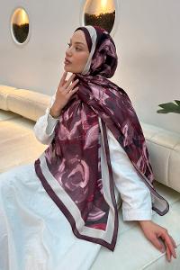 Lamelif Çiçek Desen Pamuk Şal Bordo Vizon