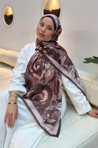 Lamelif Çiçek Desen Pamuk Şal Kahverengi