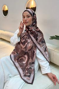 Lamelif Çiçek Desen Pamuk Şal Kahverengi